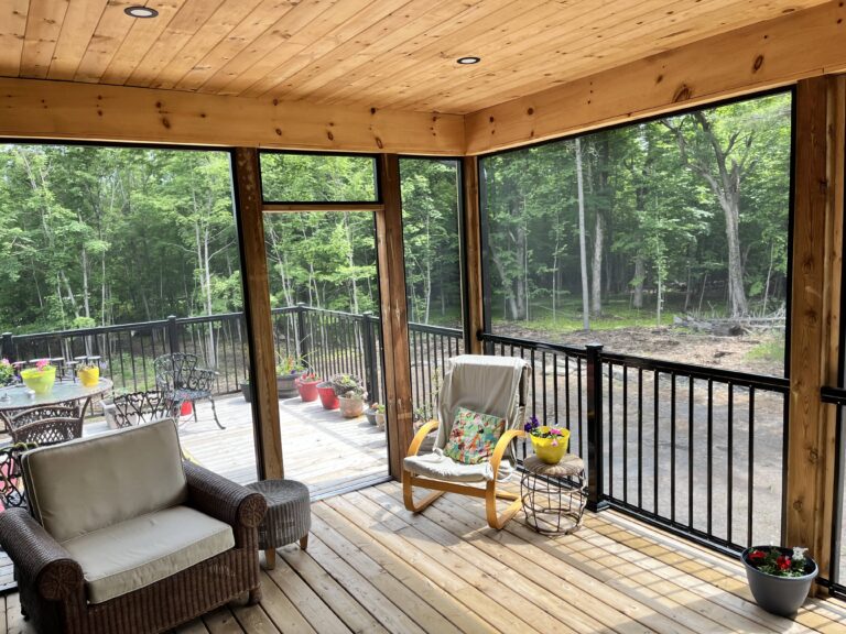 Screened deck with a wood ceiling