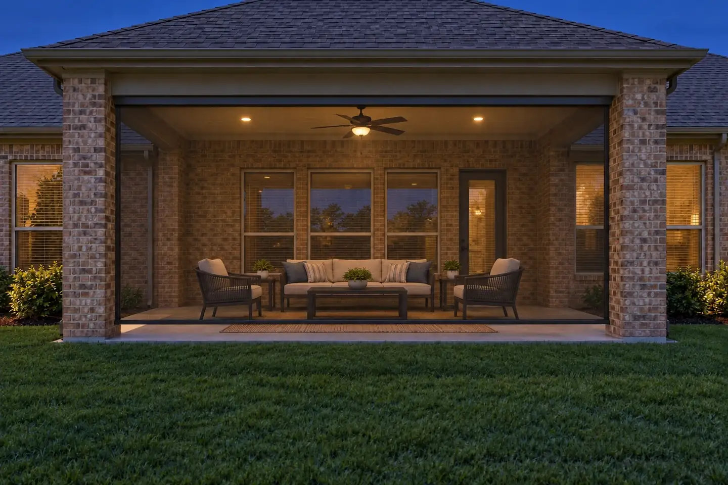 Screened patio in daylight and at dusk - dusk