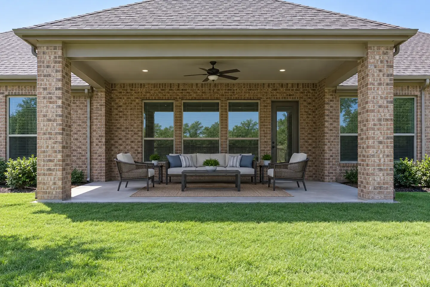 Covered patio with a wide opening, shown with and without a retractable screen