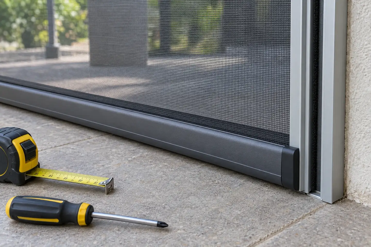 Bottom bar of a retractable screen beside its track with a tape measure and screwdriver