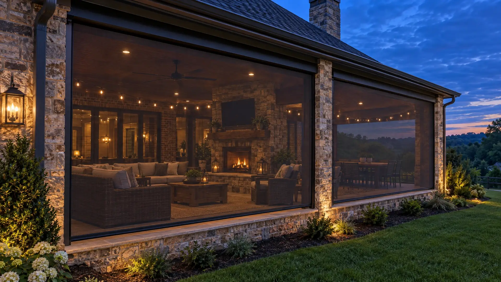 Covered patio at dusk with motorized screens lowered and warm lights glowing