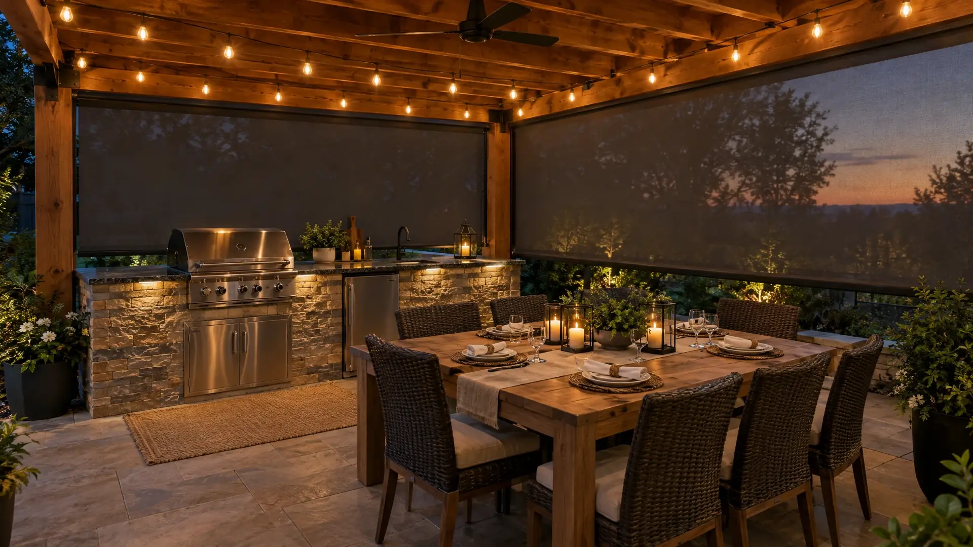 Outdoor kitchen and dining under a pergola with screens lowered
