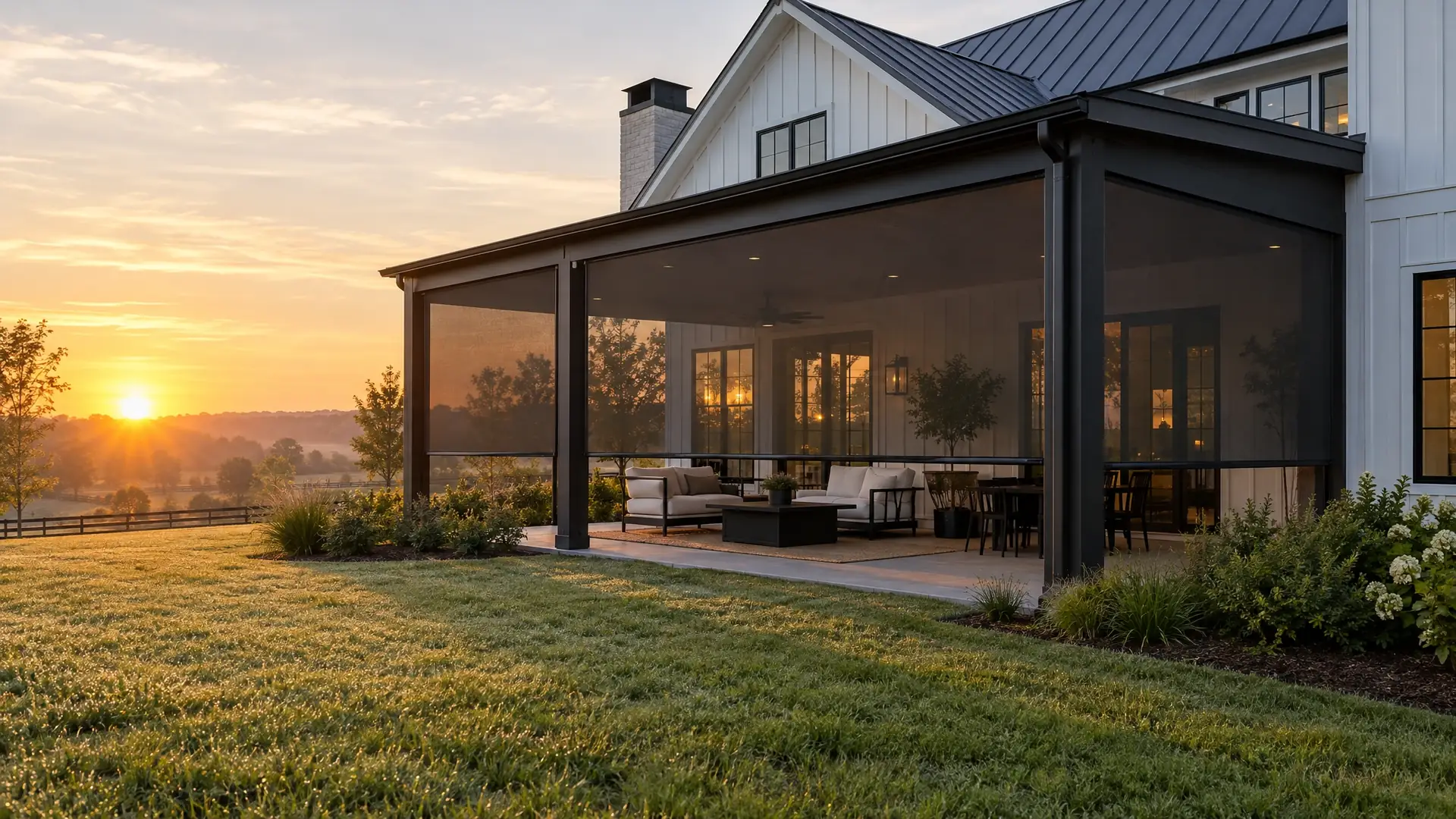 Modern farmhouse patio with tall retractable screens at sunrise