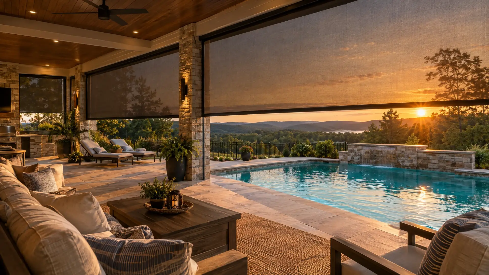 Covered pool patio with retractable screens at golden hour