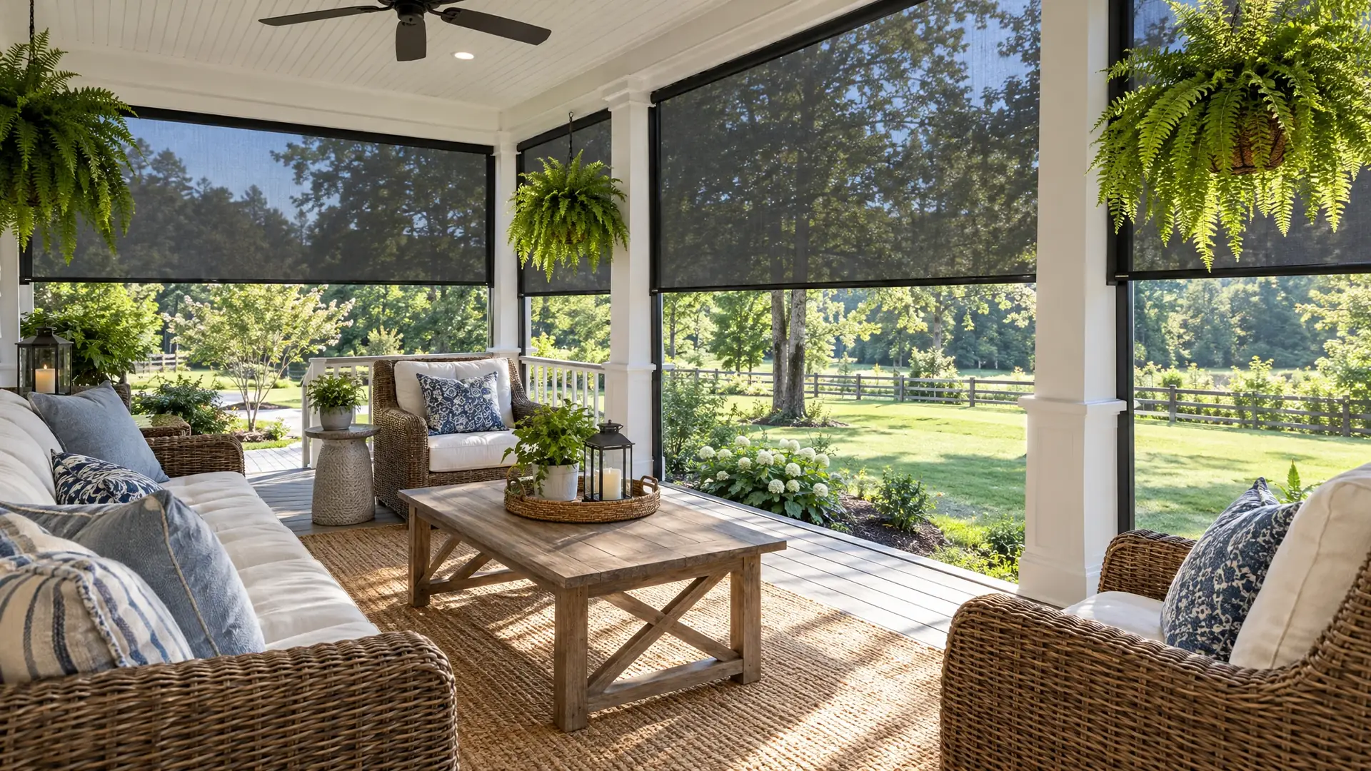 Porch with black retractable screens half lowered in morning light