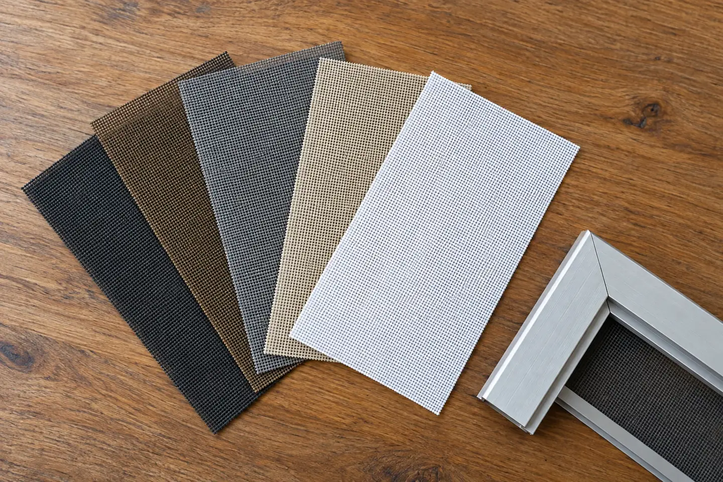 Fan of screen fabric swatches in charcoal, bronze, gray, sand and white