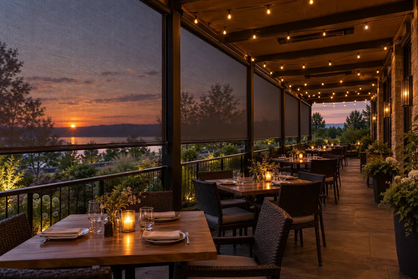 Restaurant patio with retractable screens lowered at dusk