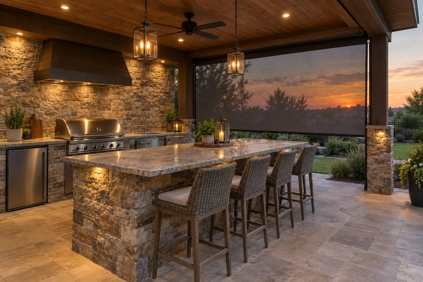 Outdoor kitchen and dining area with retractable screens lowered at dusk