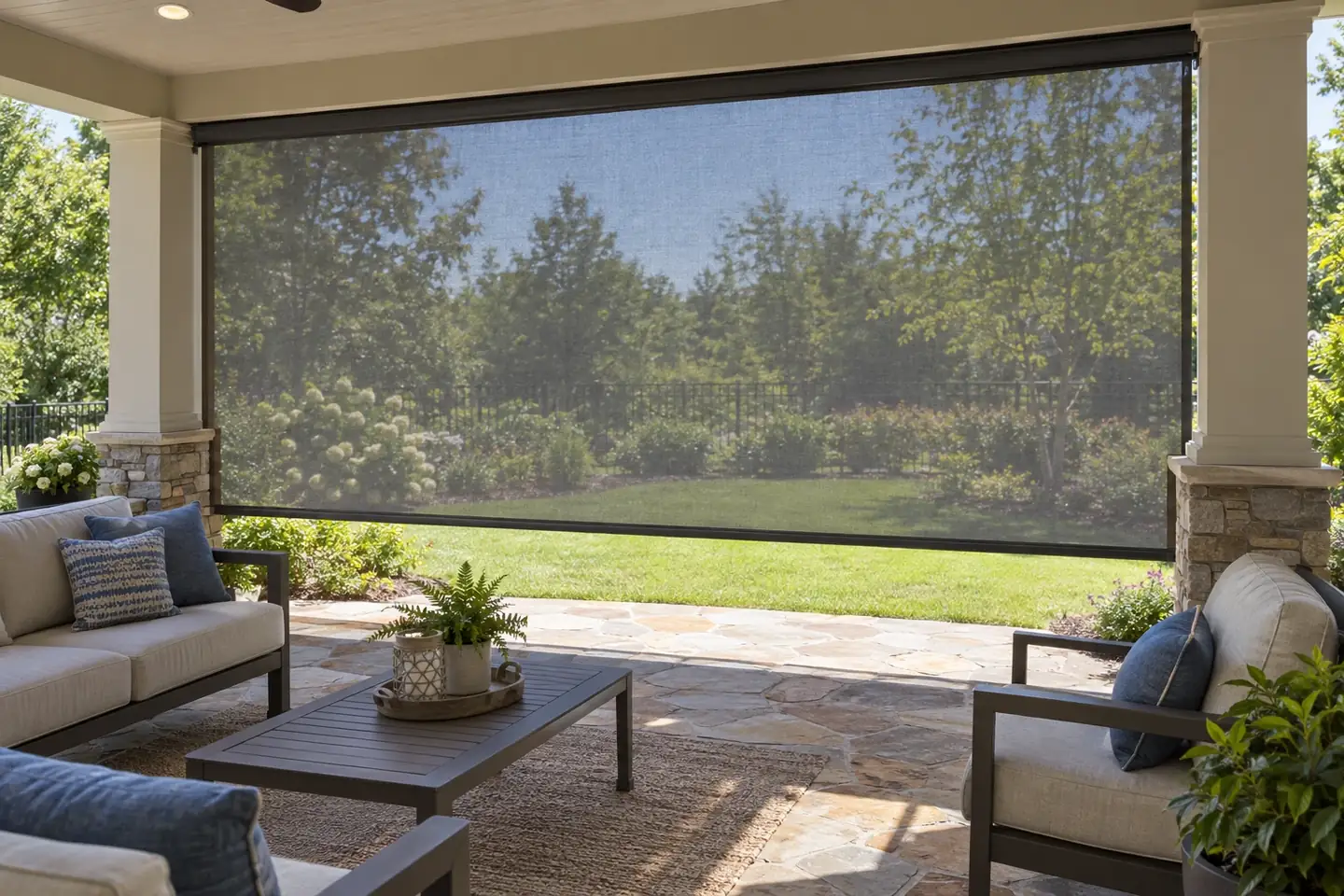 Covered patio with a retractable screen lowered