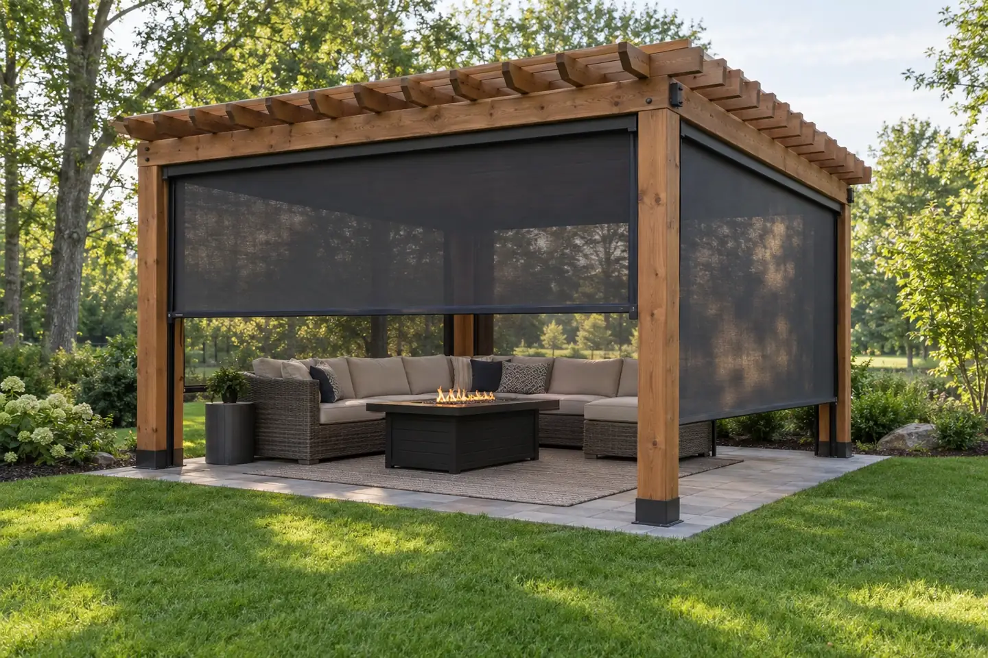 Timber pavilion with retractable screens lowered on its sides