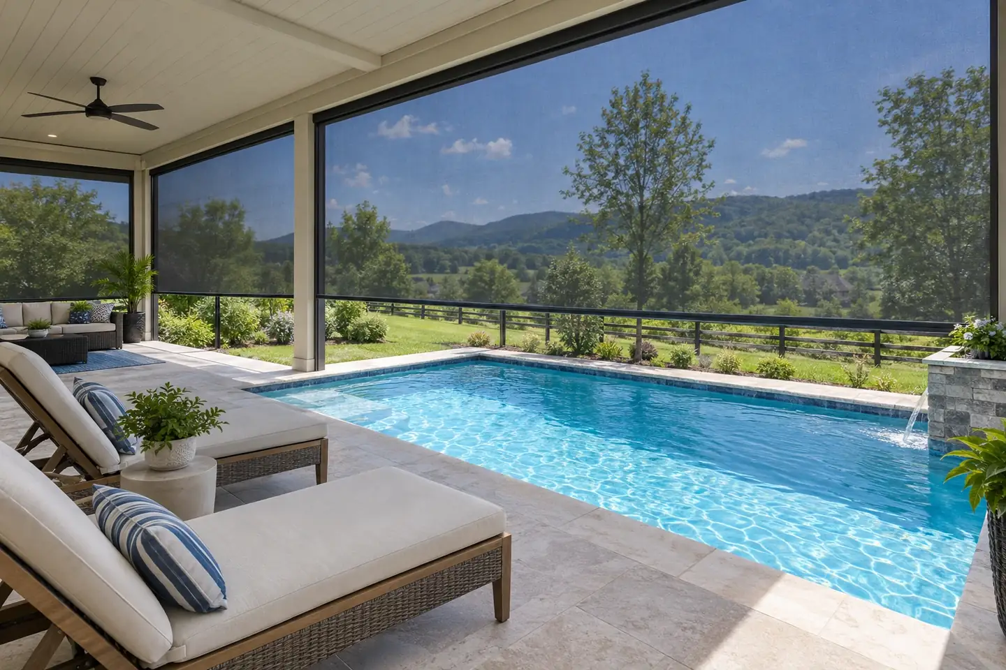 Covered poolside patio with retractable screens lowered