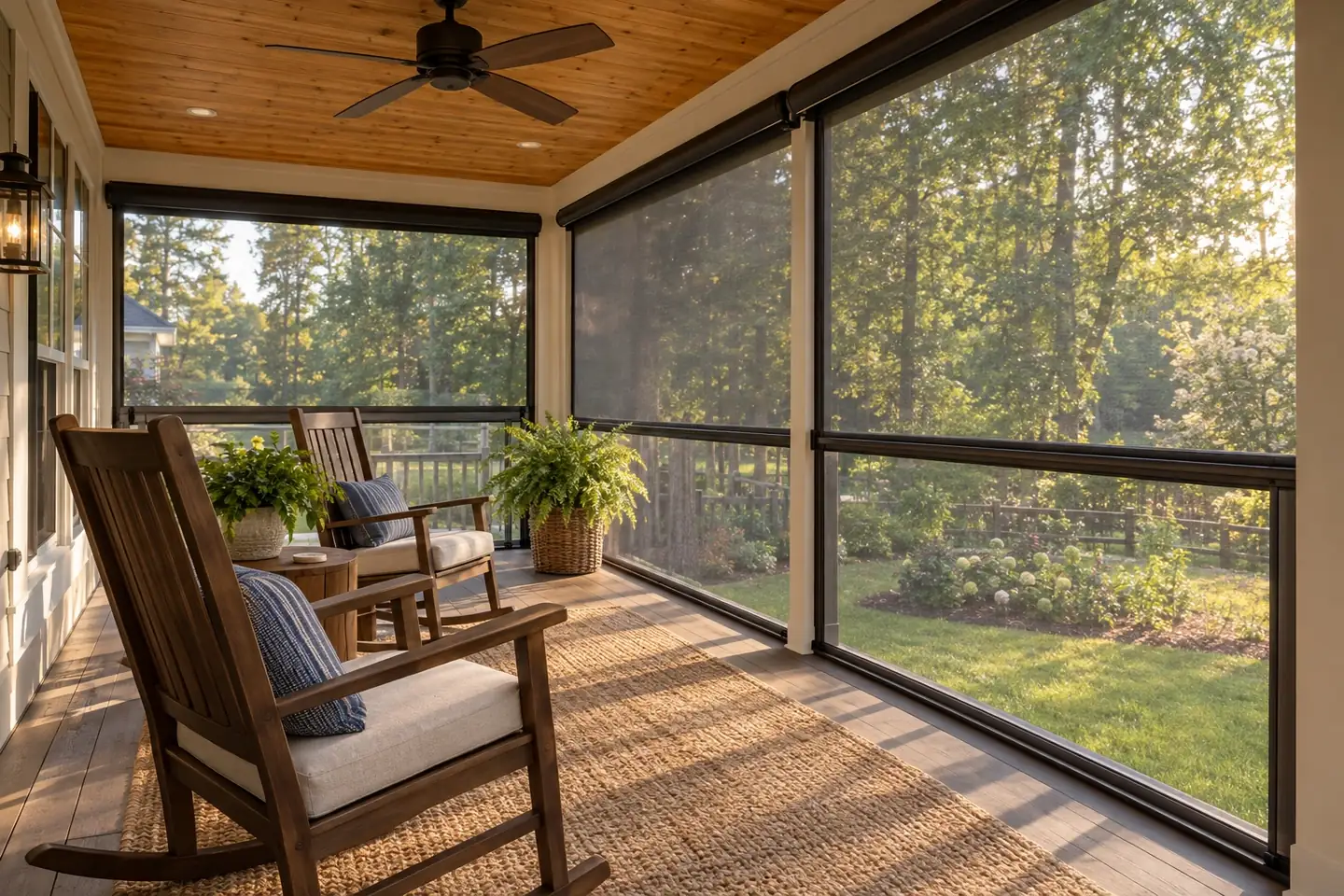 Screened porch with rocking chairs
